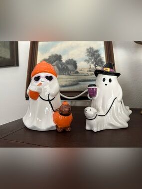 SET OF 2! Aldi Halloween Pastel Ceramic Ghost Pumpkin Dog & Witch Ghost Dog